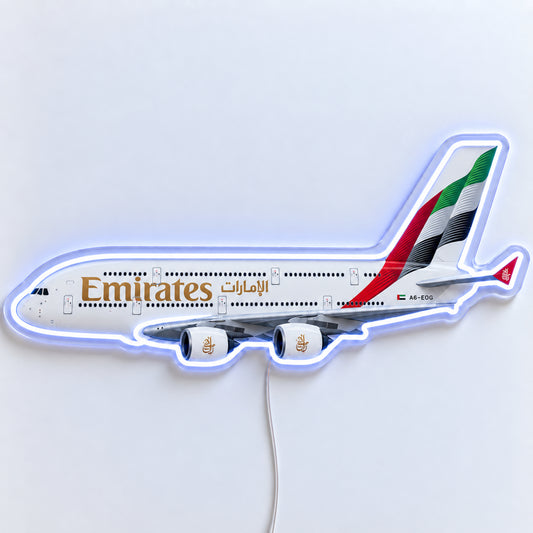 Airbus A380 Emirates Neon Sign with printed aircraft details and an illuminated LED outline on clear acrylic, shown from the front on a white surface, registration A6-EOG
