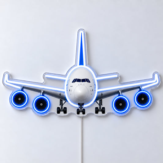 Airbus A380 Front View Neon Sign with printed aircraft details and an illuminated LED outline on clear acrylic, shown from the front on a white surface