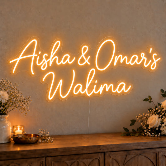 Personalised Walima Neon Sign on clear cut-to-shape acrylic, illuminated on a wall in a styled celebration setting; sample personalised wording shown