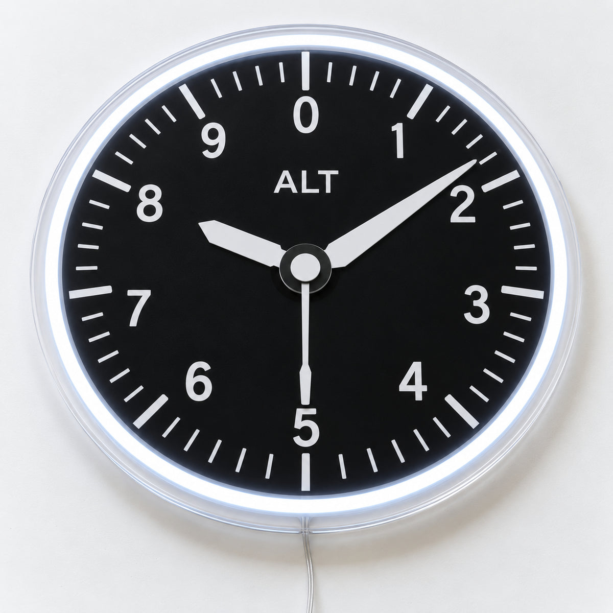 Altimeter Neon Sign, featuring an aviation altimeter dial, on a single clear acrylic backing displayed on a white surface.