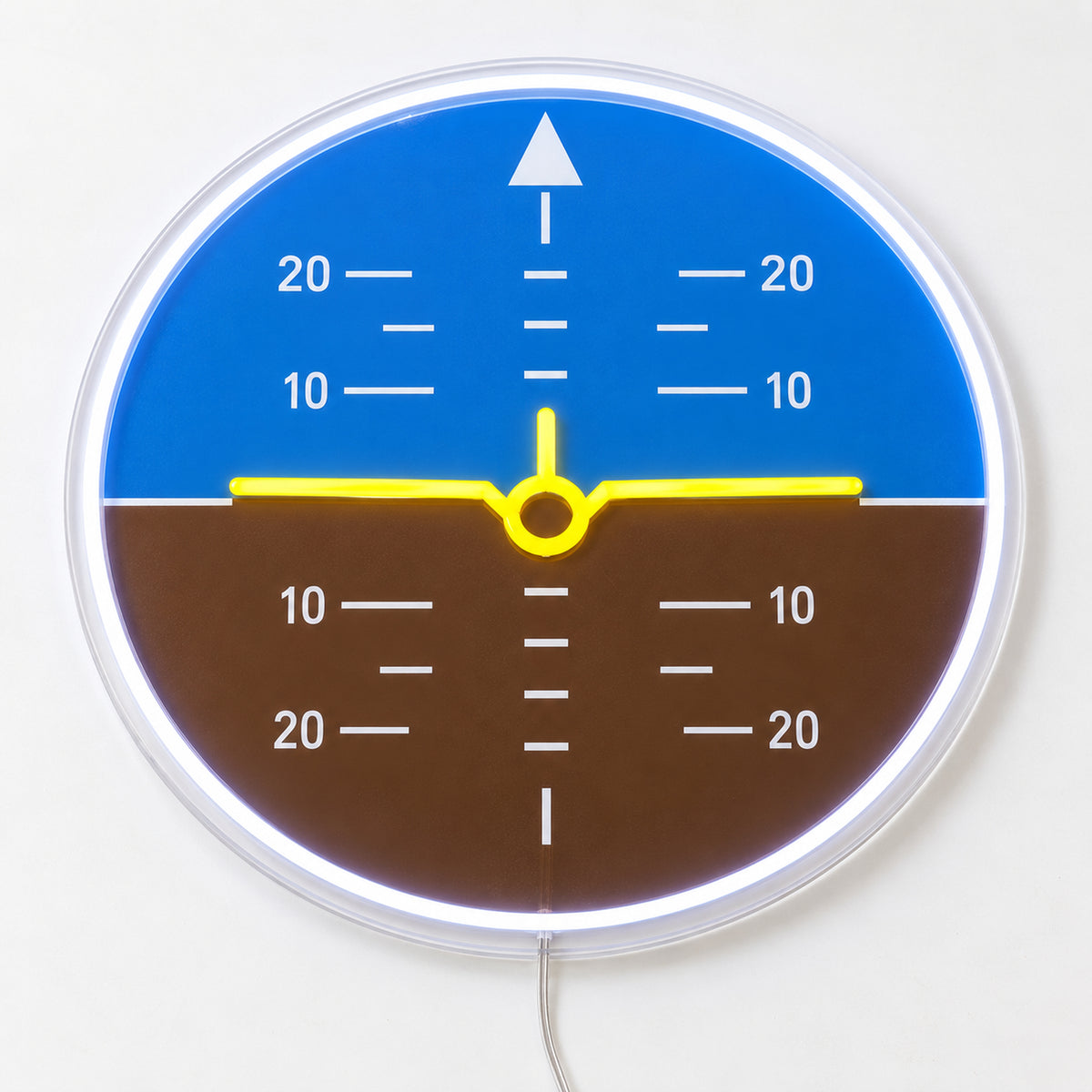 Attitude Indicator Neon Sign, featuring a cockpit-style attitude indicator, on a single clear acrylic backing displayed on a white surface.