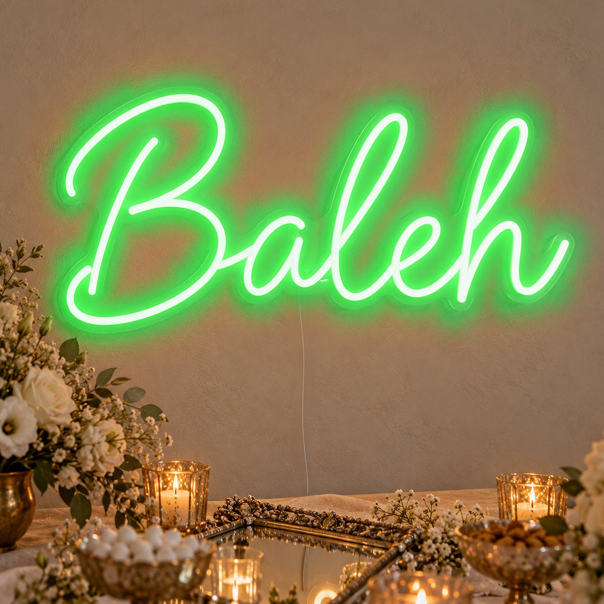 Baleh Neon Sign in green LED neon on clear acrylic, angled view
