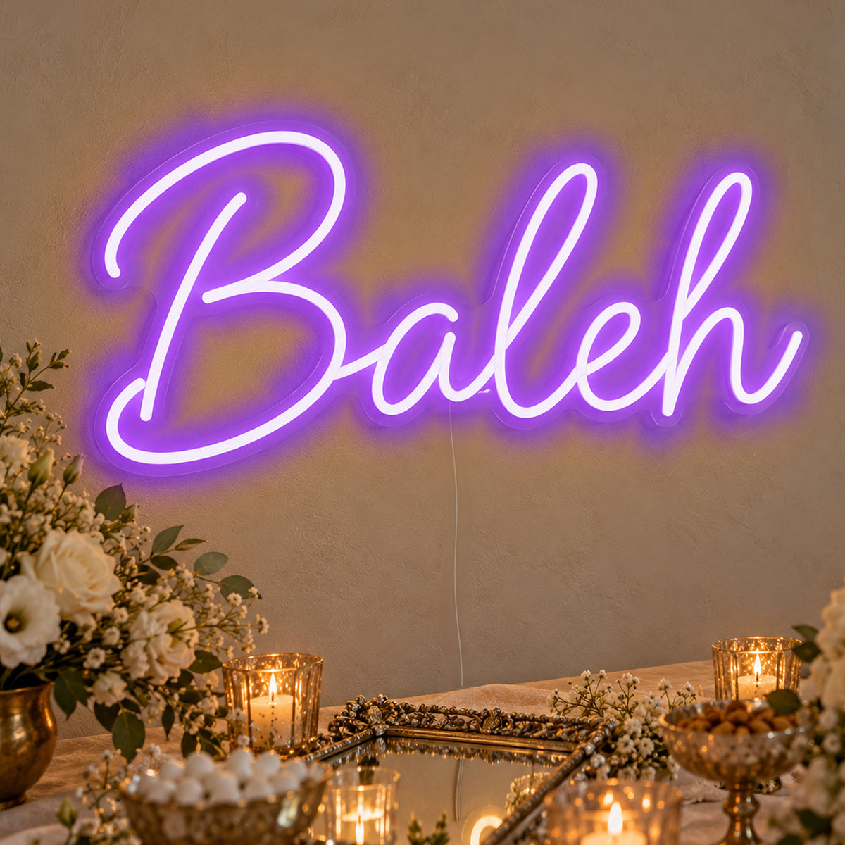 Baleh Neon Sign in purple LED neon on clear acrylic, angled view