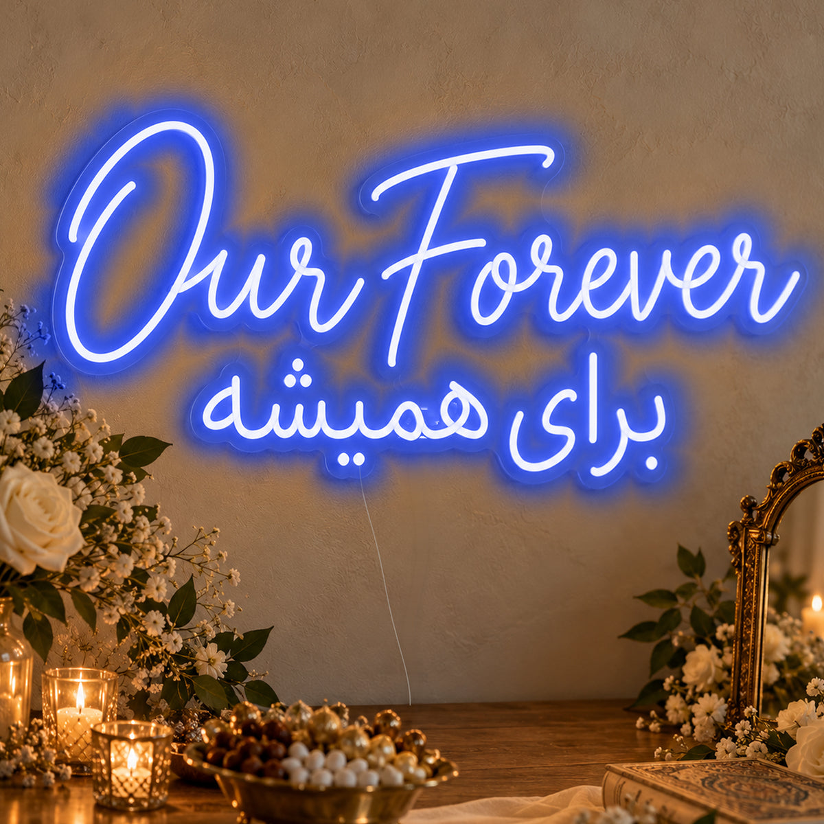 Our Forever English & Persian Neon Sign in blue LED neon on clear acrylic, angled view
