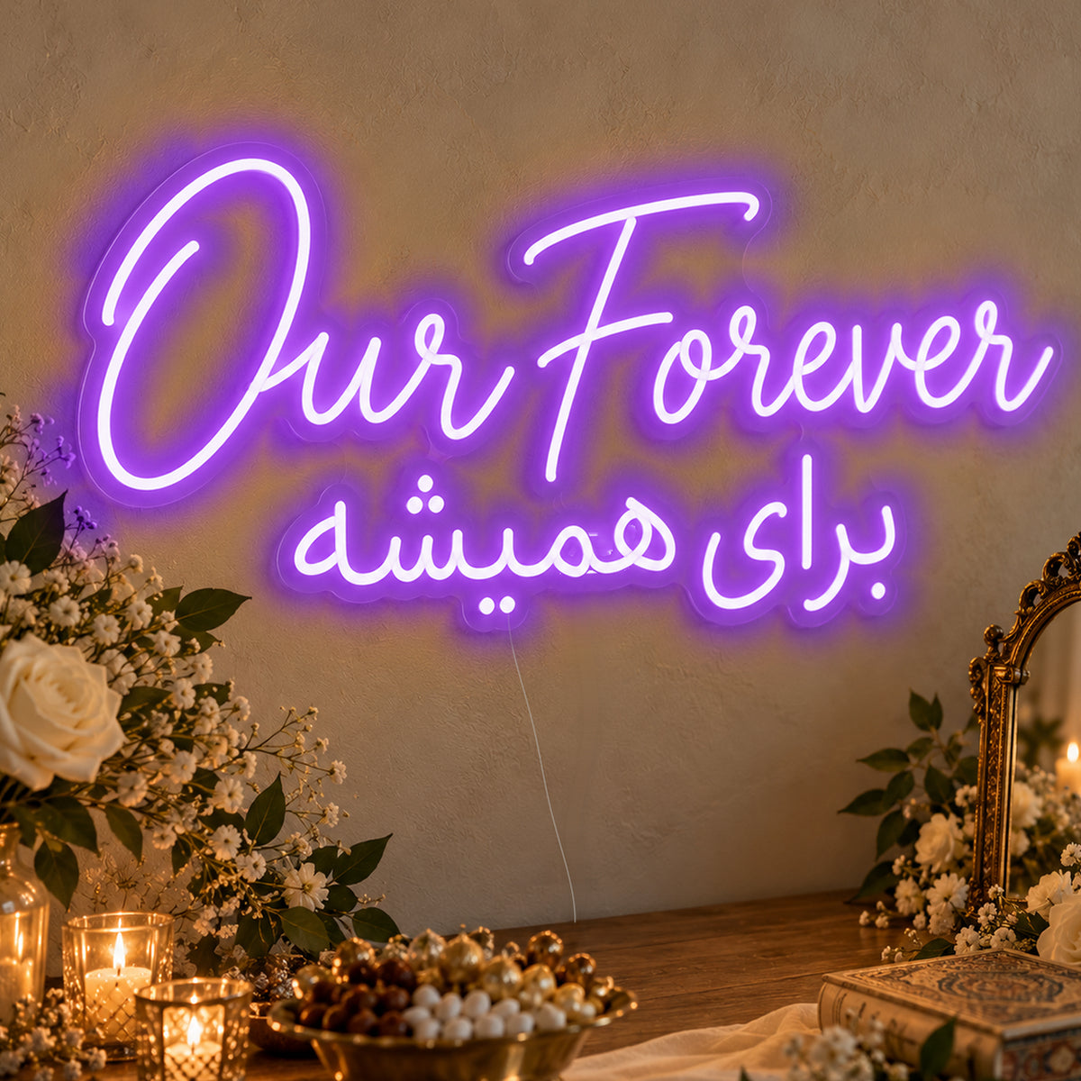 Our Forever English & Persian Neon Sign in purple LED neon on clear acrylic, angled view