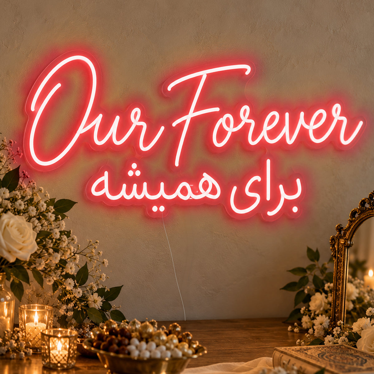 Our Forever English & Persian Neon Sign in red LED neon on clear acrylic, angled view