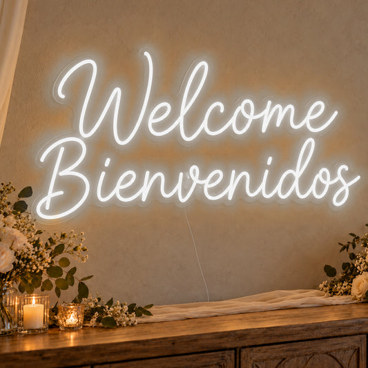 Welcome English & Spanish Neon Sign in white LED neon on clear acrylic, angled view