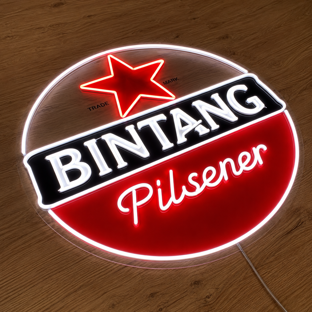 Bintang Pilsener LED neon sign lit at an angle showing the red and white glow