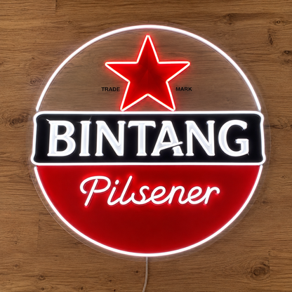 Bintang Pilsener LED neon sign with red star on a timber wall