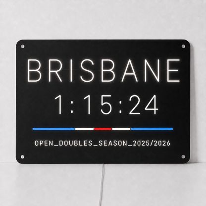 Brisbane hybrid race finish time LED neon sign in white neon on a black acrylic panel, with a personalised finish time and division and season line
