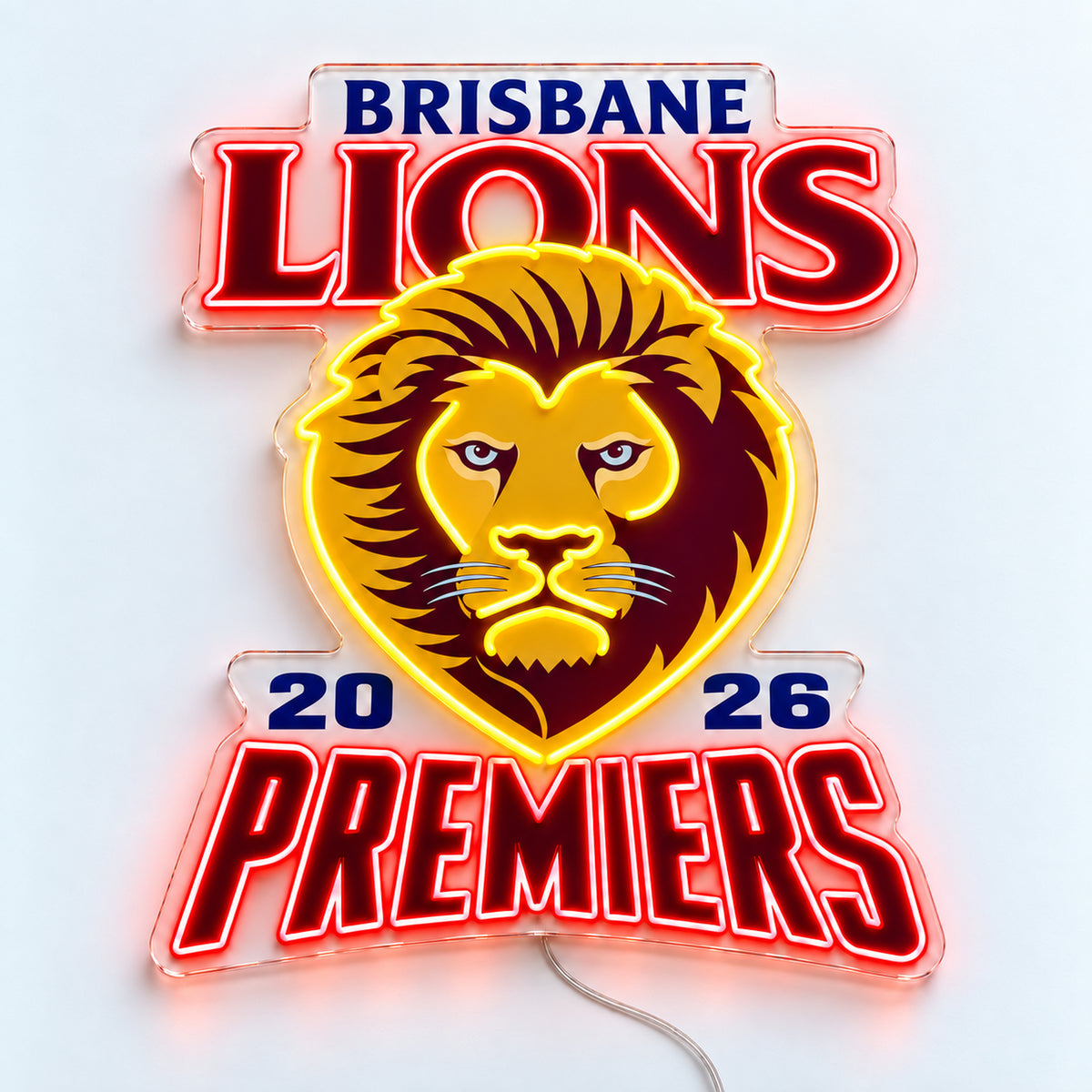 Brisbane Lions Neon Sign - Premiers 2026 with red and yellow LED neon on a white surface, front view