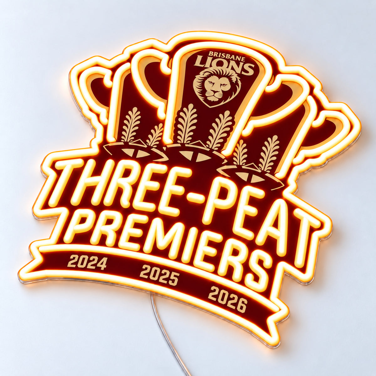 Brisbane Lions Three-Peat Premiers 2026 Neon Sign, angled view with rounded 8 mm neon tubing