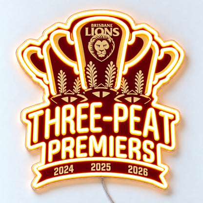 Brisbane Lions Three-Peat Premiers 2026 Neon Sign, front view with thick rounded warm golden neon
