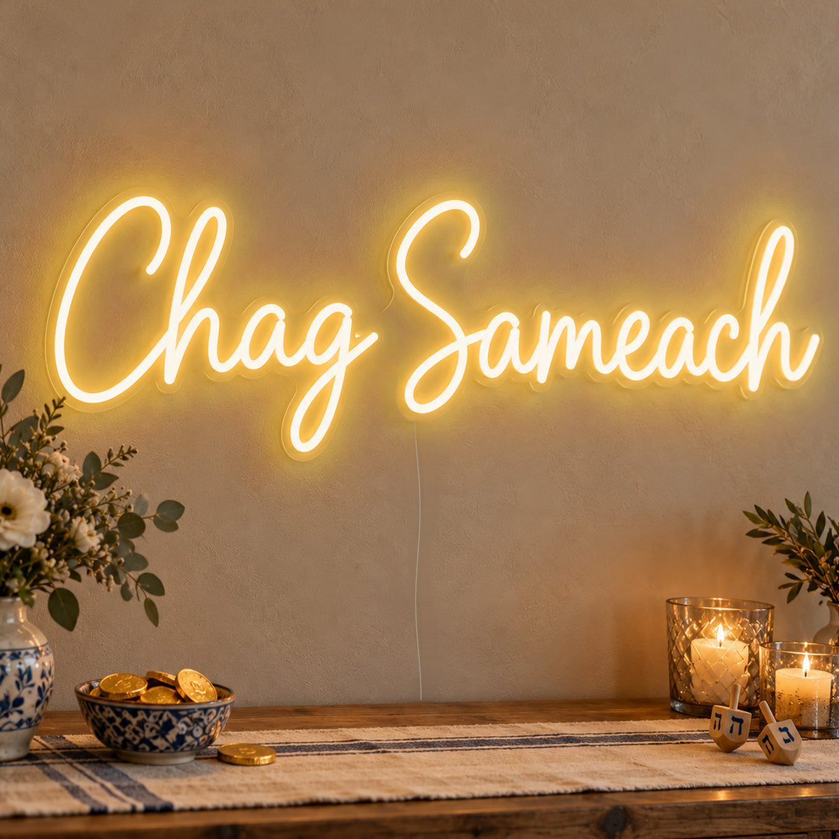 Chag Sameach Neon Sign in gold LED neon on clear acrylic, angled view