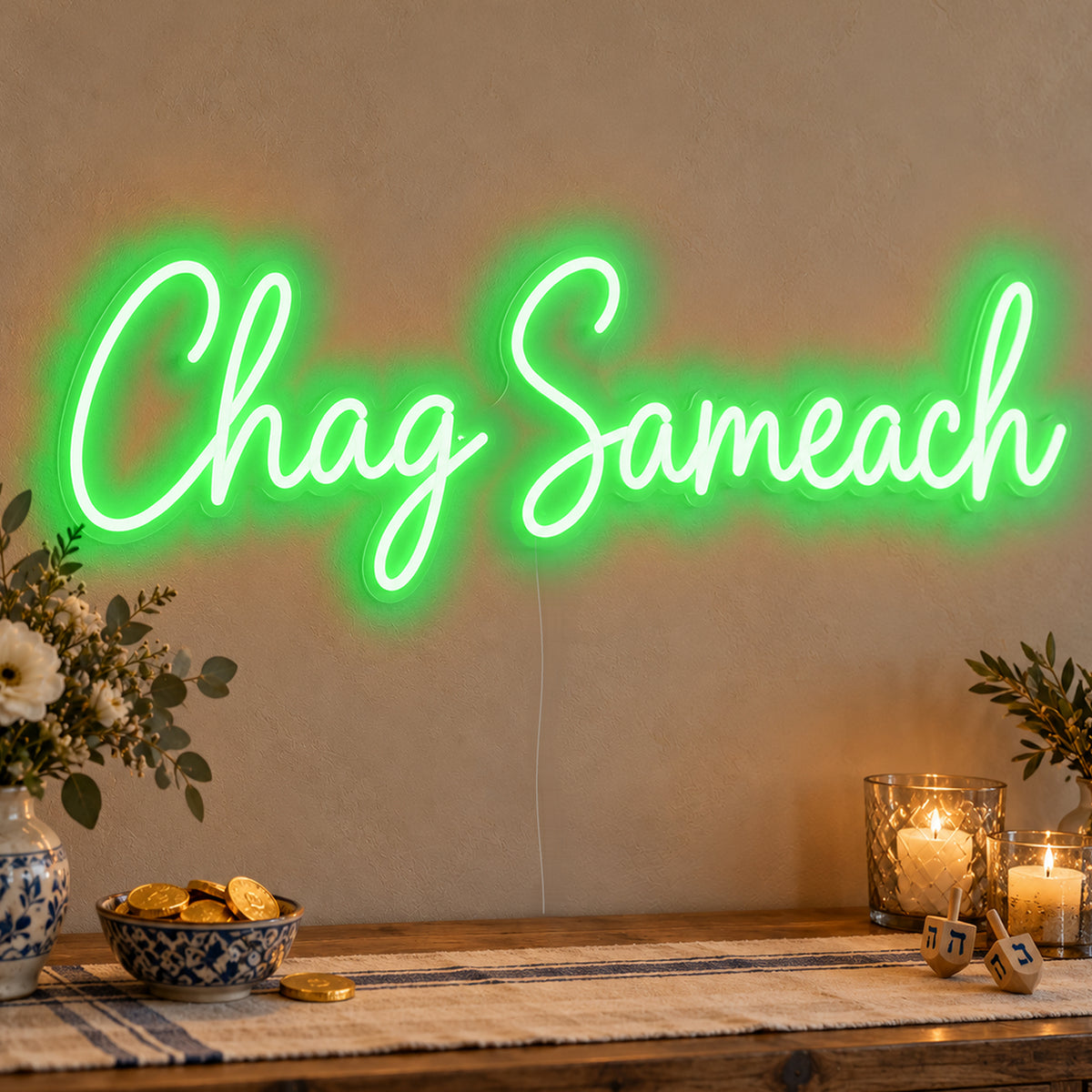 Chag Sameach Neon Sign in green LED neon on clear acrylic, angled view