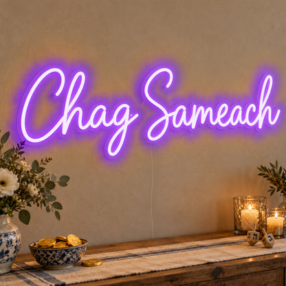 Chag Sameach Neon Sign in purple LED neon on clear acrylic, angled view
