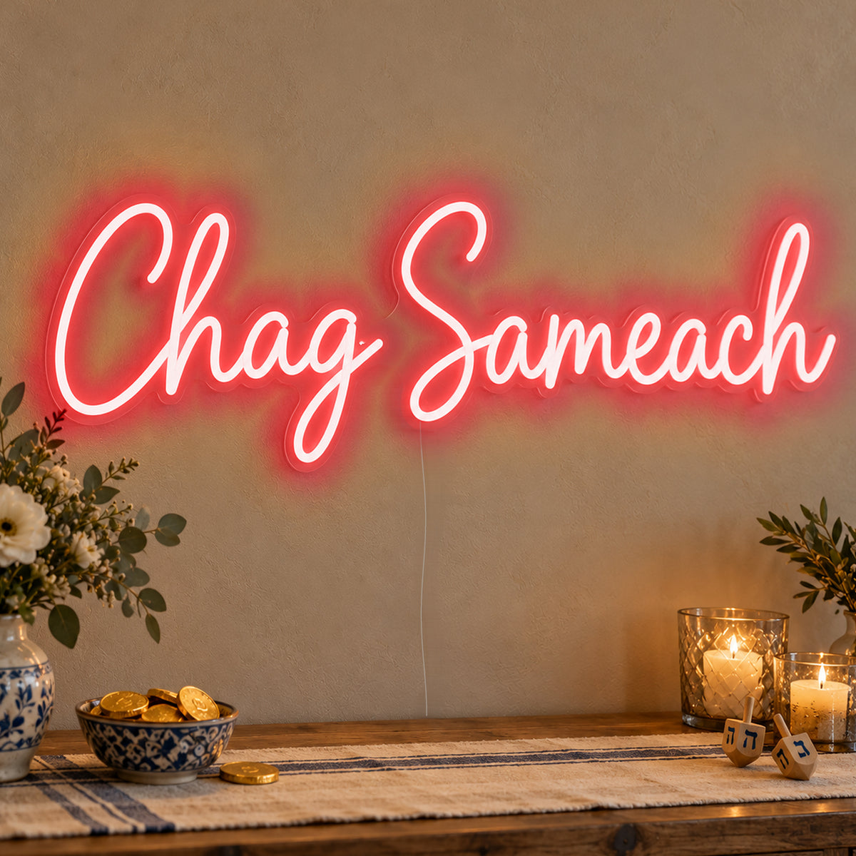 Chag Sameach Neon Sign in red LED neon on clear acrylic, angled view