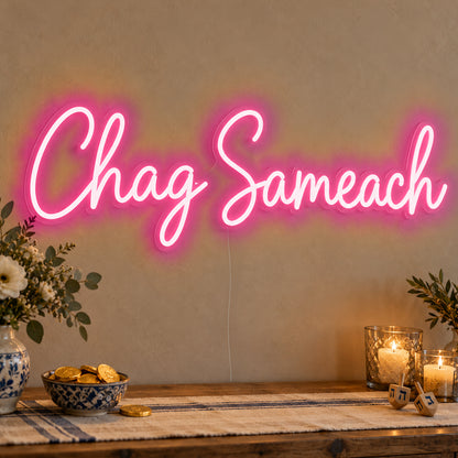 Chag Sameach Neon Sign in rose red LED neon on clear acrylic, angled view