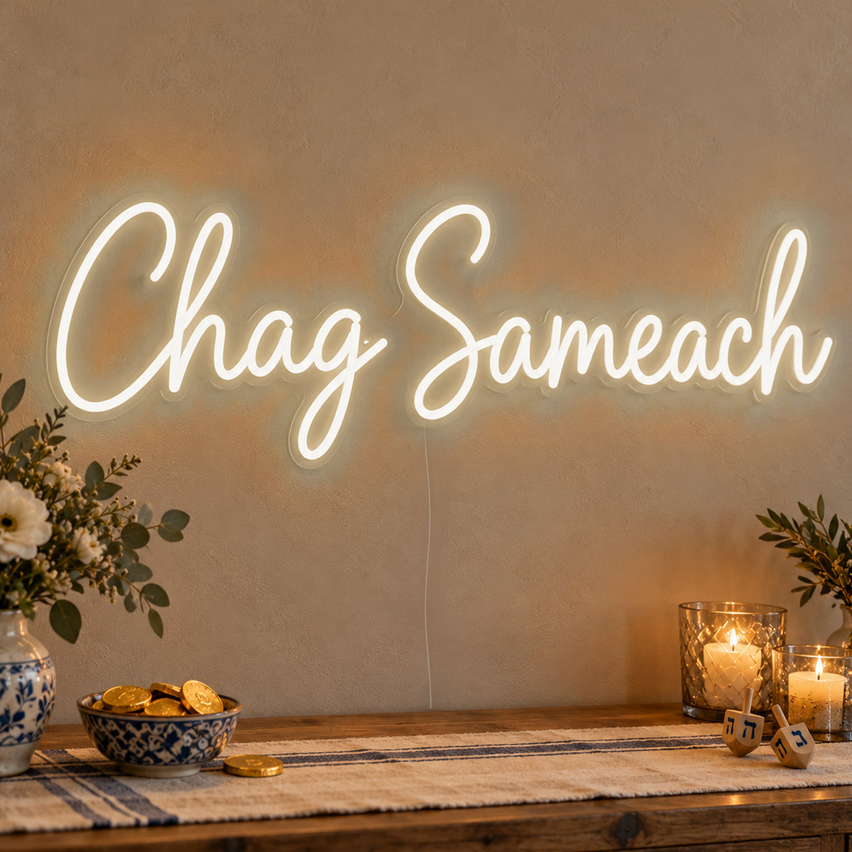Chag Sameach Neon Sign in warm white LED neon on clear acrylic, angled view