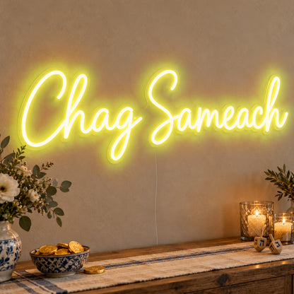 Chag Sameach Neon Sign in yellow LED neon on clear acrylic, angled view