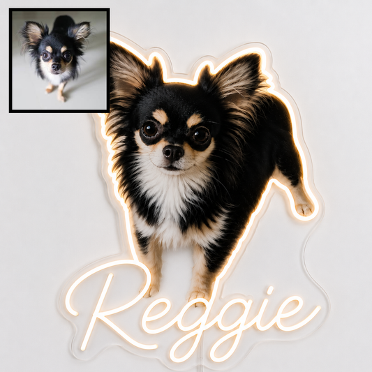Custom dog name neon sign example featuring a Chihuahua design