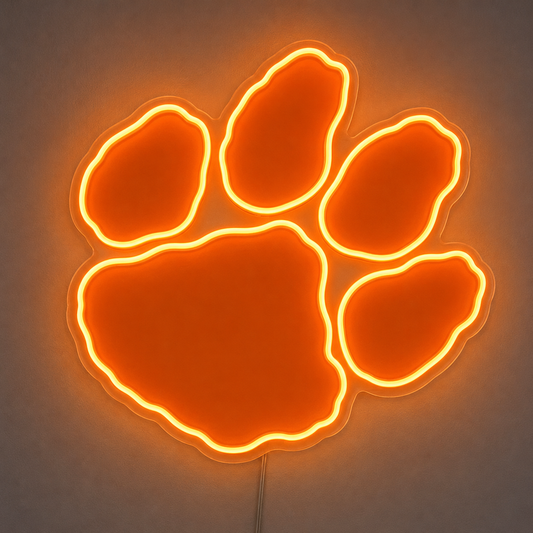 Clemson Tigers paw LED neon sign glowing orange on a grey wall