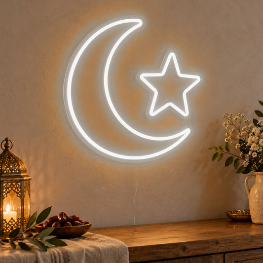 Crescent Star Neon Sign in white LED neon on clear acrylic, angled view