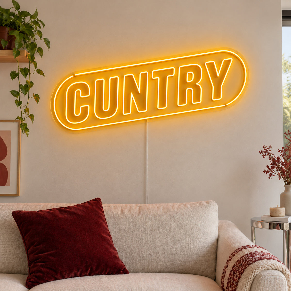 Cuntry Neon Sign glowing gold inside a rounded border above a cream sofa.