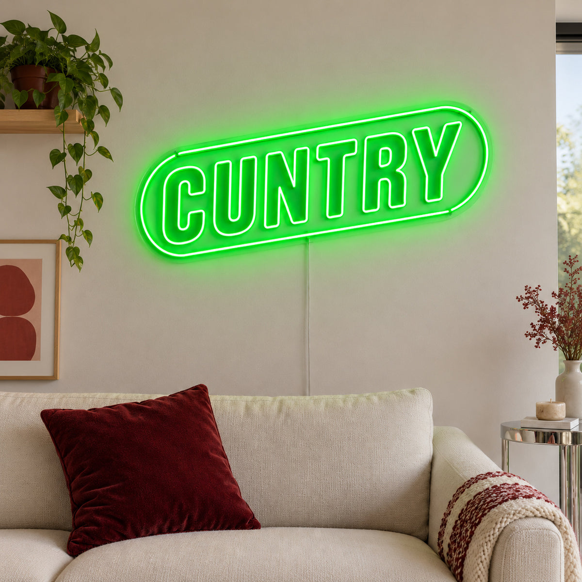 Cuntry Neon Sign with green lighting, displayed inside a rounded border above a cream sofa.