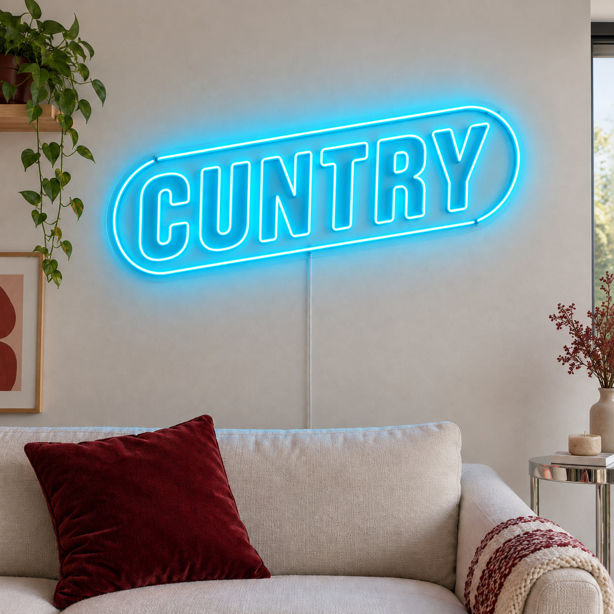 Ice Blue version of the Cuntry Neon Sign, shown inside a rounded border above a cream sofa.