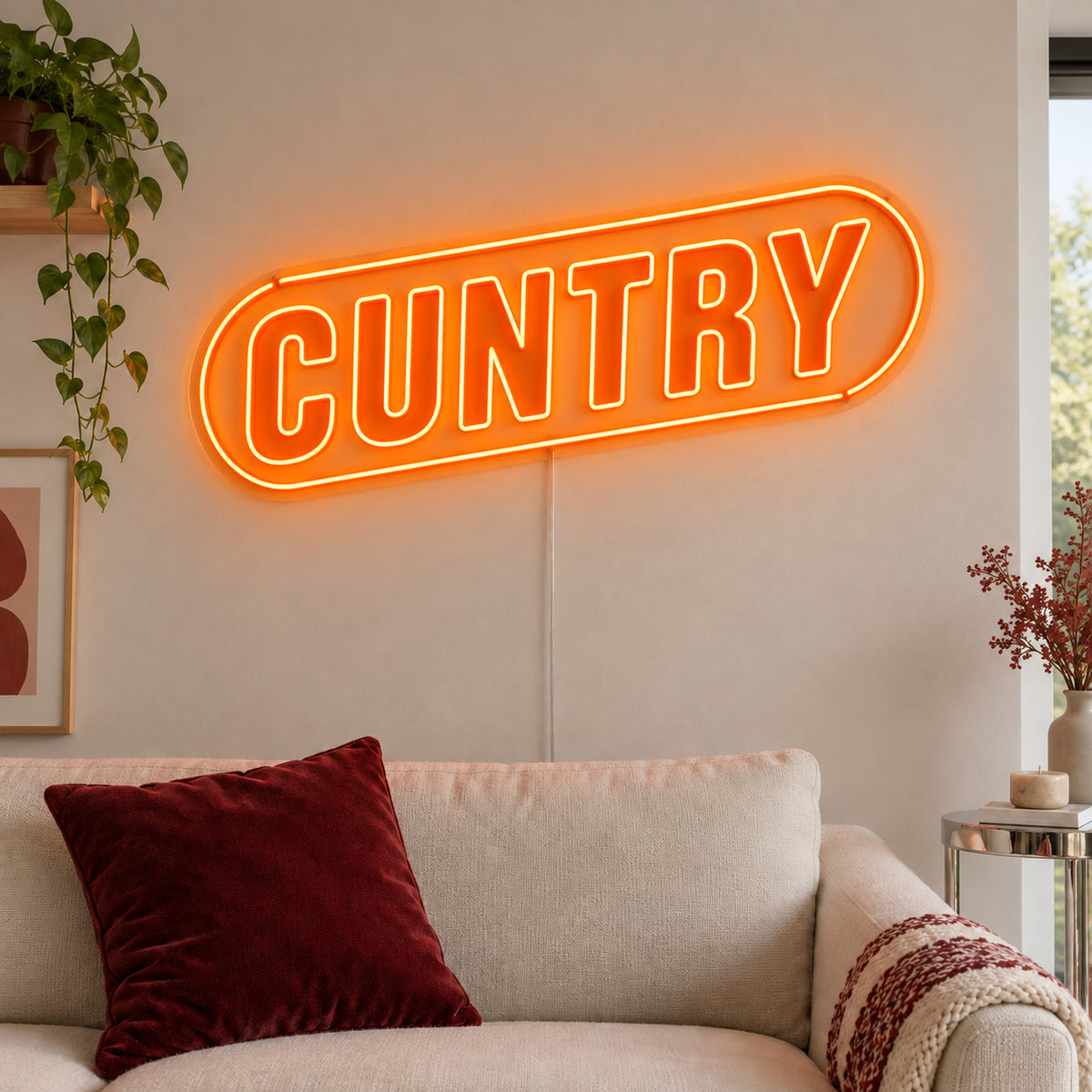 Orange version of the Cuntry Neon Sign, shown inside a rounded border above a cream sofa.