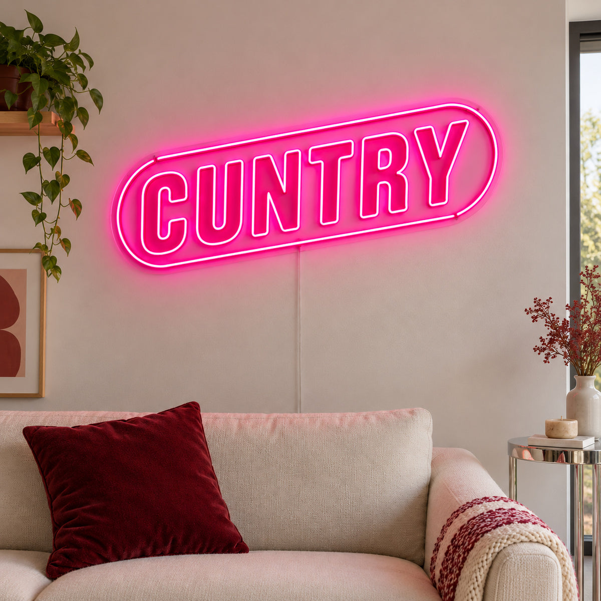 Rose Red version of the Cuntry Neon Sign, shown inside a rounded border above a cream sofa.