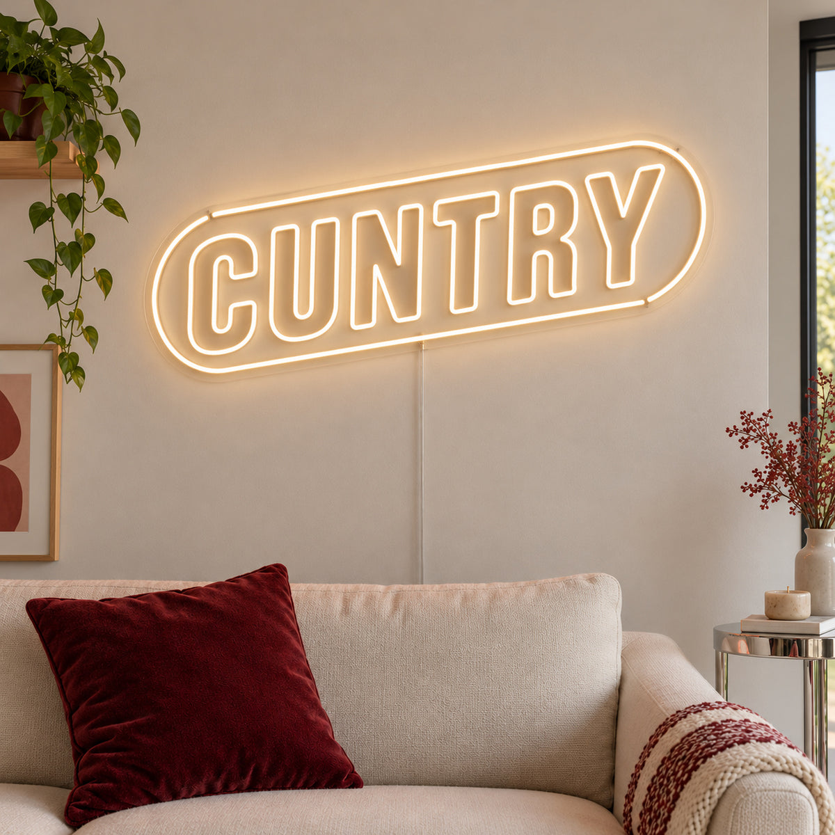 Warm White version of the Cuntry Neon Sign, shown inside a rounded border above a cream sofa.
