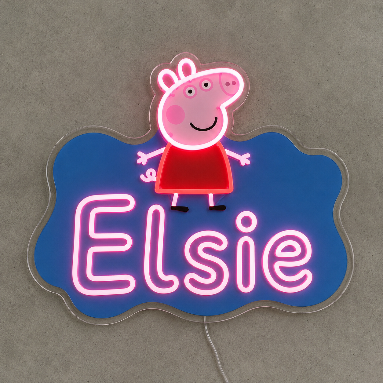 Custom Name Peppa Pig LED Neon Sign displayed in a kids bedroom