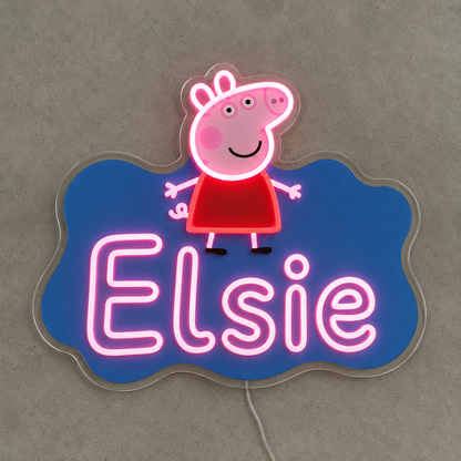 Custom Name Peppa Pig LED Neon Sign displayed in a kids bedroom