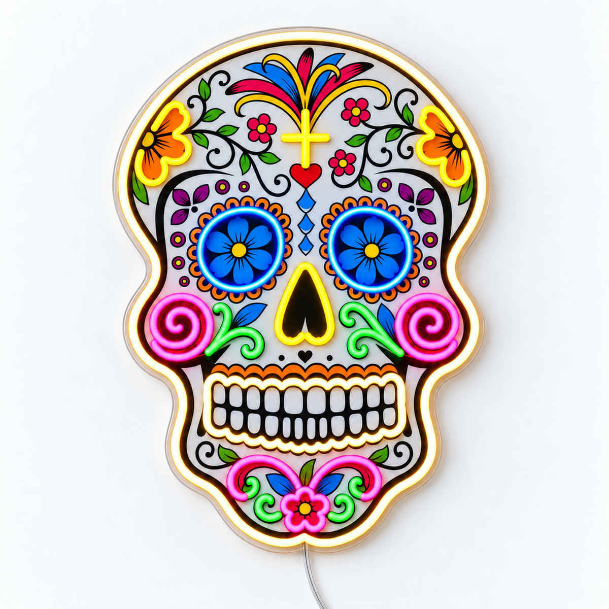 Day of the Dead - Cinco de Mayo blue floral skull LED neon sign, front view on a white surface
