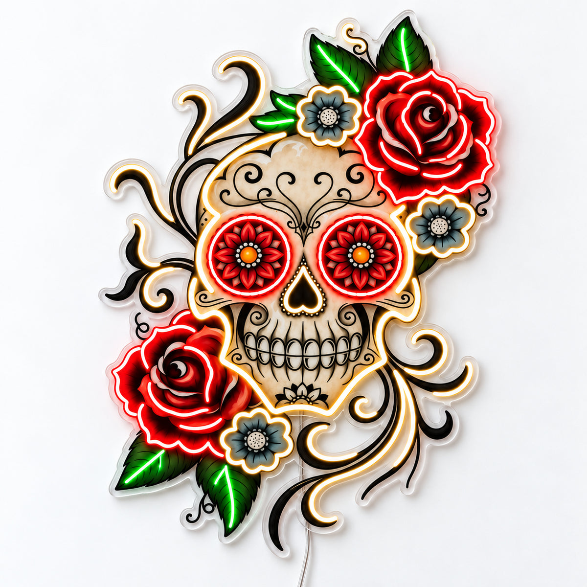 Day of the Dead - Cinco de Mayo rose skull LED neon sign, front view on a white surface