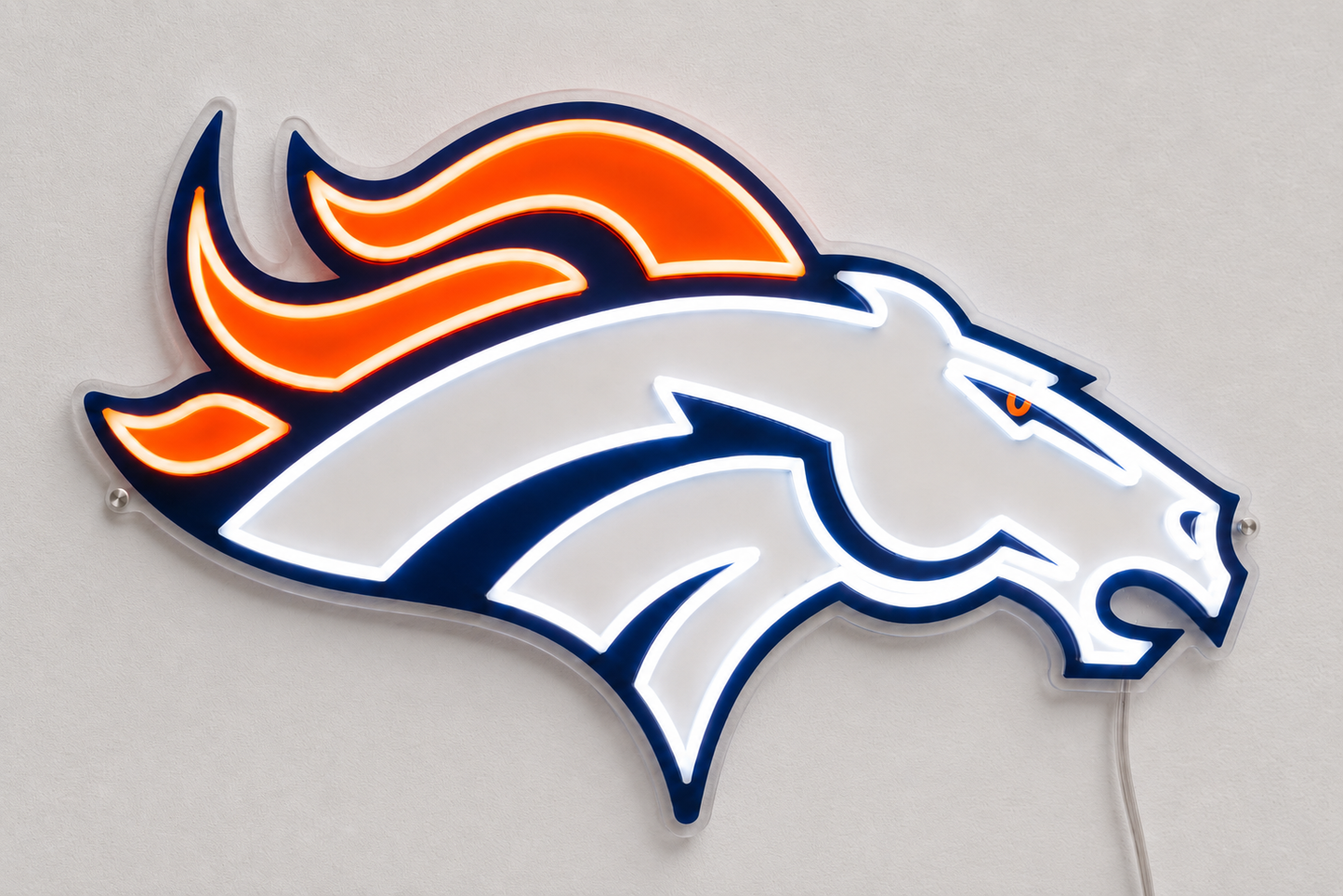 Denver Broncos neon sign glowing on a white wall