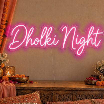 Dholki Night Neon Sign in rose red LED neon on clear acrylic, angled view