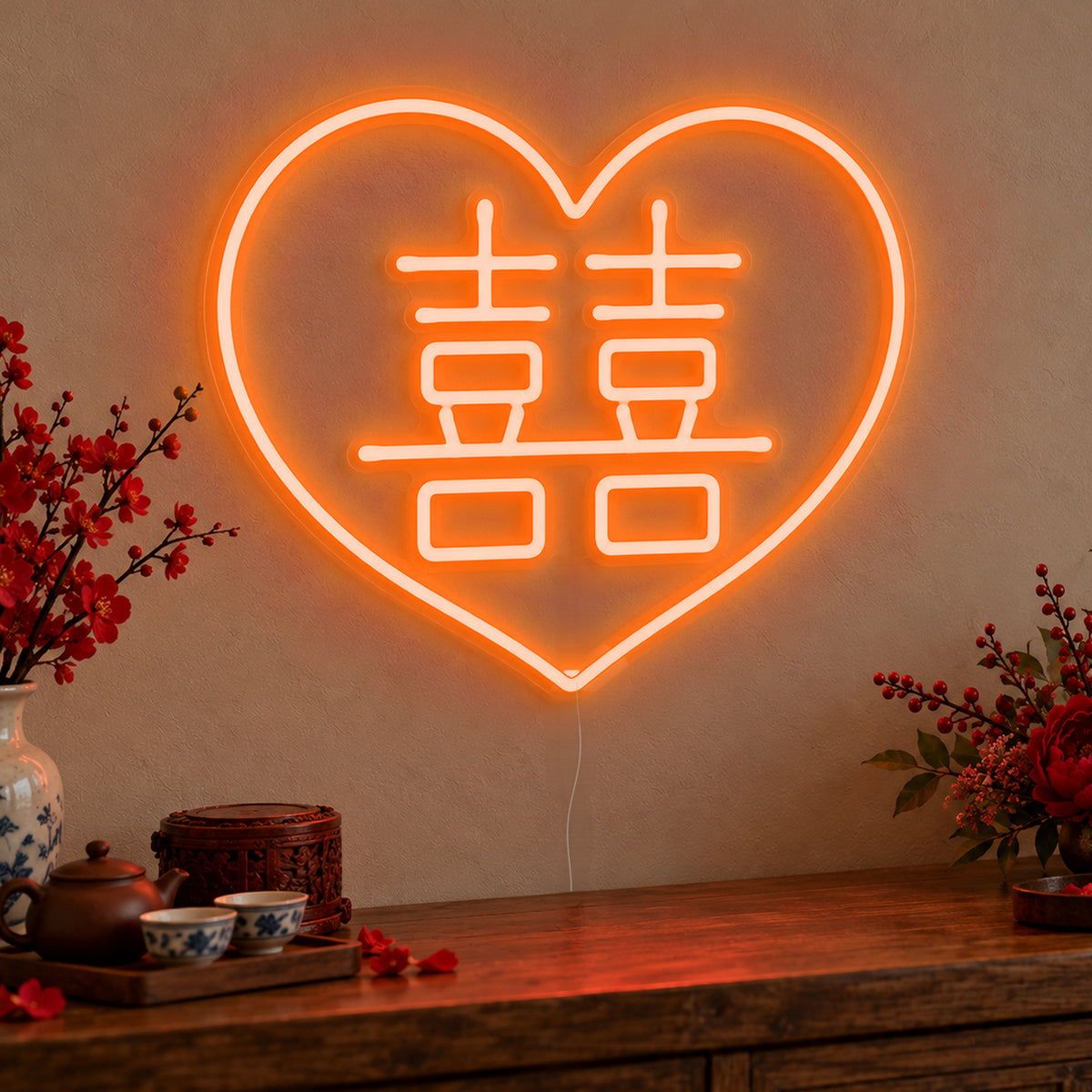 Double Happiness Heart Neon Sign in orange LED neon on clear acrylic, angled view