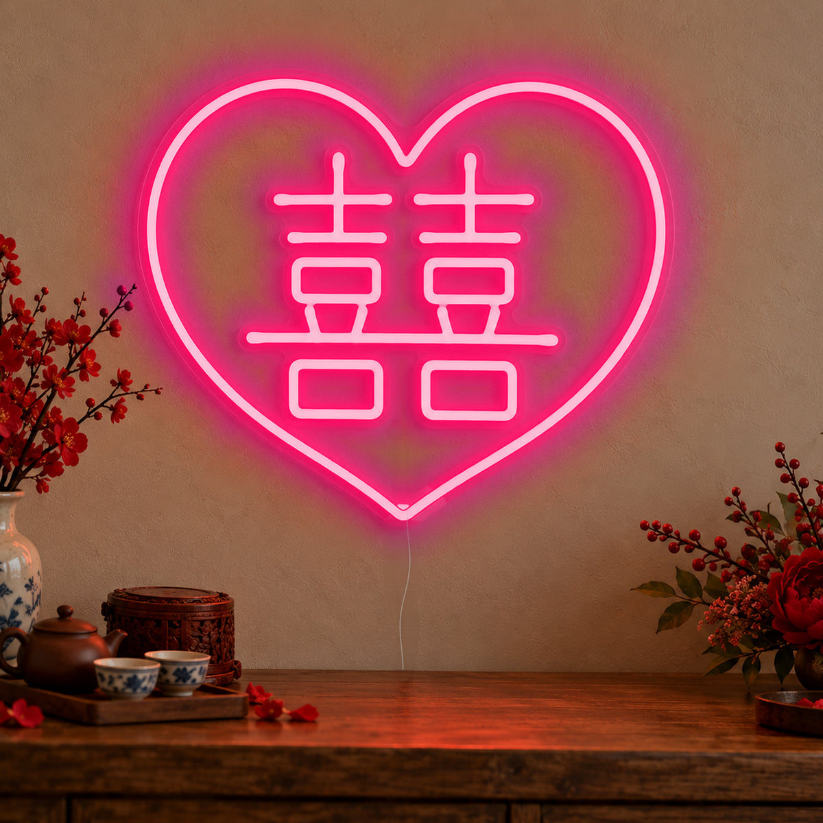 Double Happiness Heart Neon Sign in rose red LED neon on clear acrylic, angled view