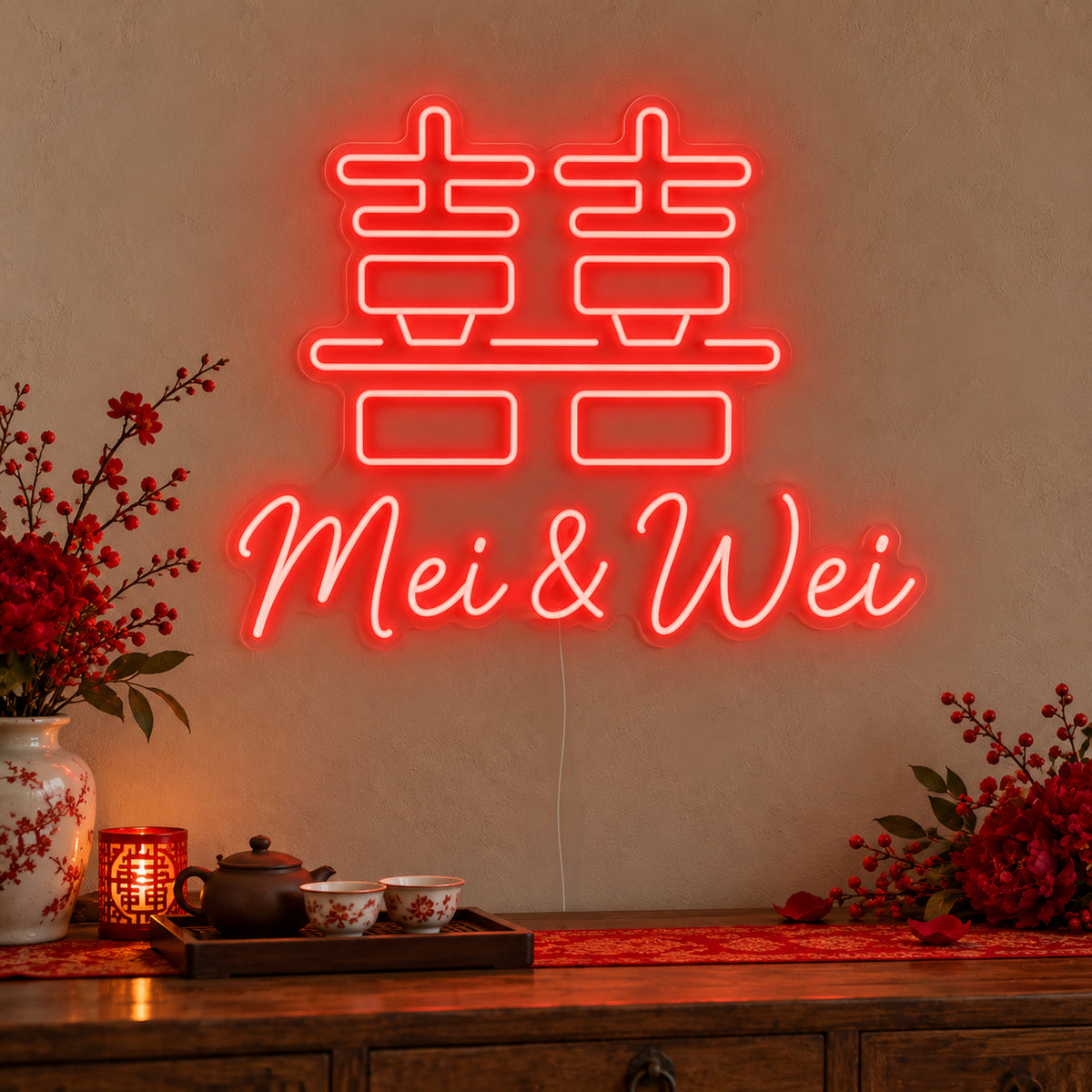 Personalised Double Happiness Names Neon Sign on clear cut-to-shape acrylic in an illuminated wall display; example personalisation shown.