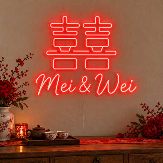 Personalised Double Happiness Names Neon Sign on clear cut-to-shape acrylic in an illuminated wall display; example personalisation shown.
