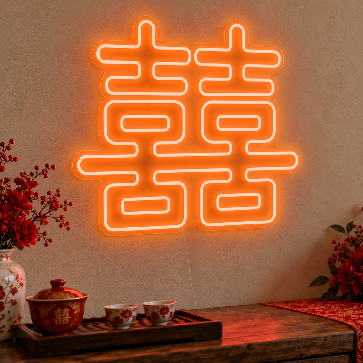 Double Happiness Red Neon Sign in orange LED neon on clear acrylic, angled view