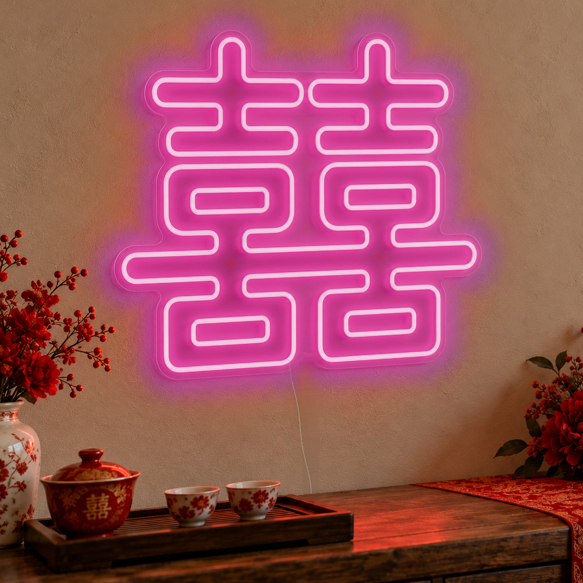 Double Happiness Red Neon Sign in pink LED neon on clear acrylic, angled view