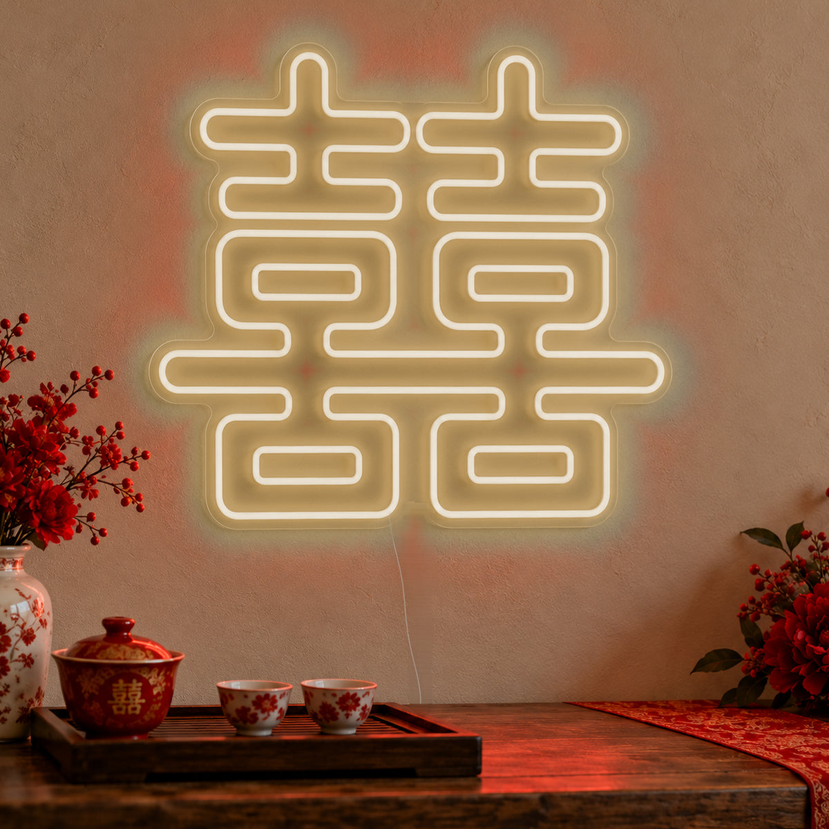 Double Happiness Red Neon Sign in warm white LED neon on clear acrylic, angled view