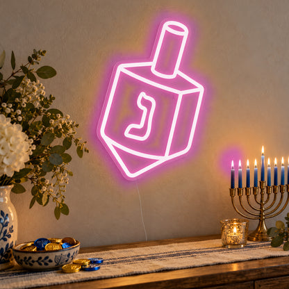 Dreidel Neon Sign in pink LED neon on clear acrylic, angled view