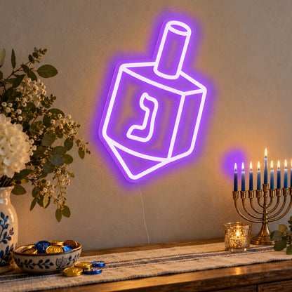 Dreidel Neon Sign in purple LED neon on clear acrylic, angled view