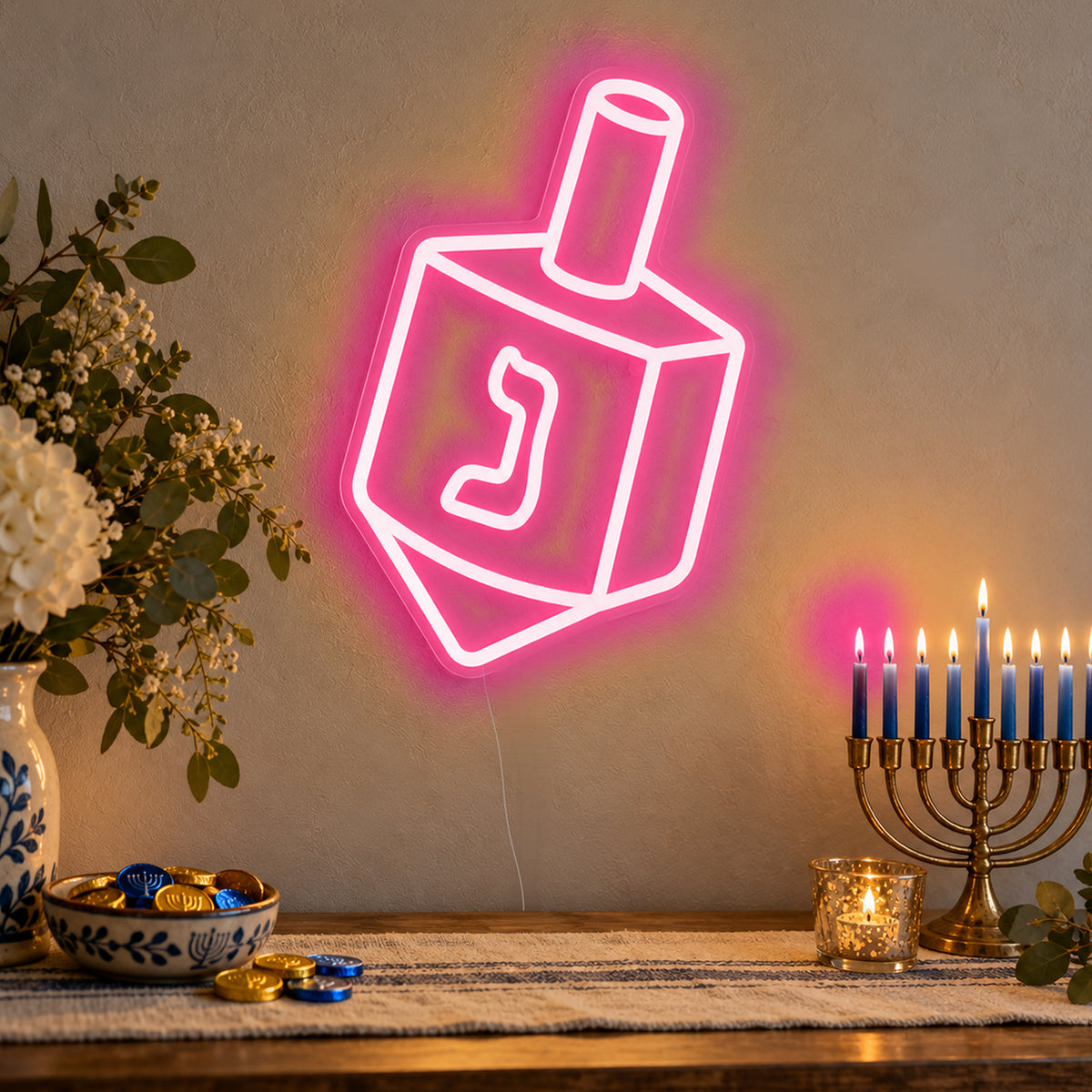 Dreidel Neon Sign in rose red LED neon on clear acrylic, angled view