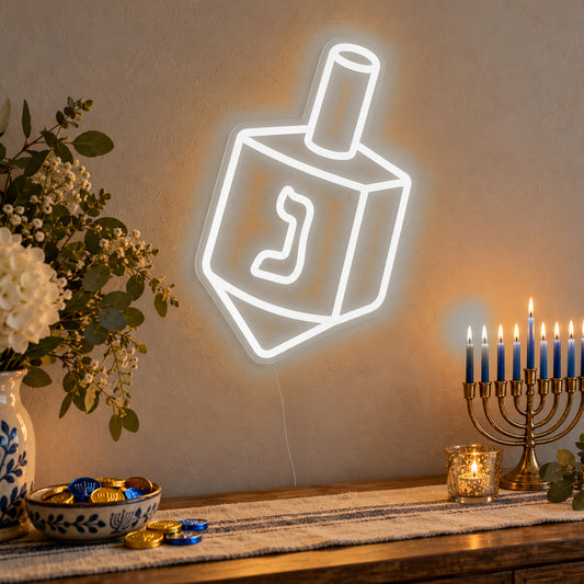 Dreidel Neon Sign in white LED neon on clear acrylic, angled view